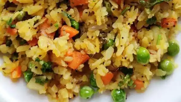 Banarasi Chura Matar Recipe - flattened rice with green peas, carrots and spices